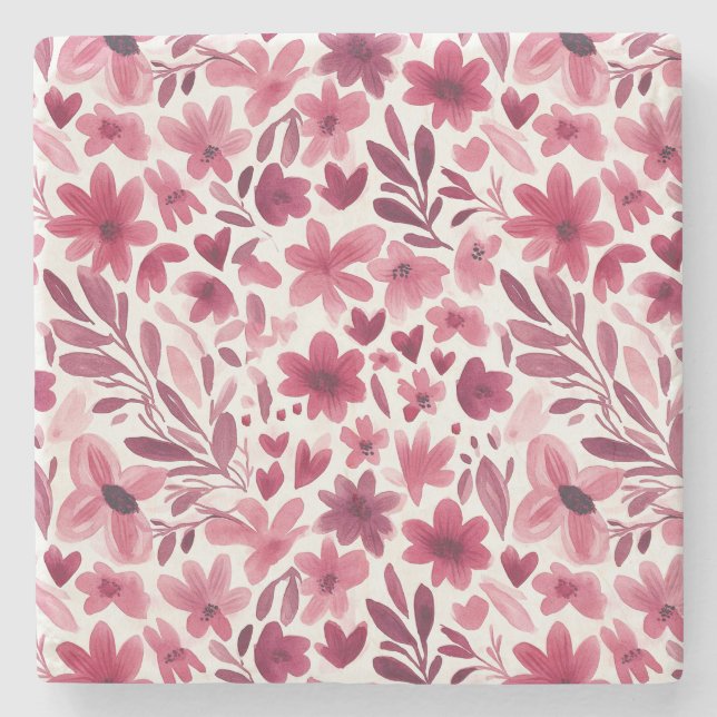 Creme Mädchenhaft Rosa Rote Blumen Herzen   Steinuntersetzer (Vorderseite)