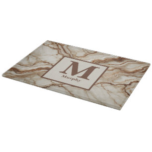 Creme-Marmor und Braunvenen-Monogramm Schneidebrett