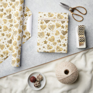 Creme mit goldenen funkelnden Herzen Geschenkpapier