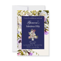 Creme & Navy Blumenkuchen zum Geburtstag Einladung