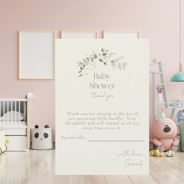 Creme Neutral Greenery Baby Dusche Dankeskarte (Von Creator hochgeladen)
