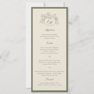 Creme-Olivgrün-Monogramm-Hochzeitsmenükarte Einladung
