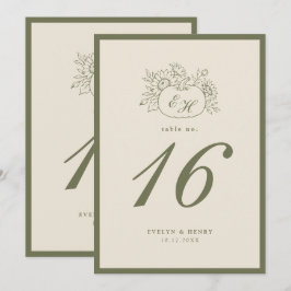 Creme-Olivgrün-Monogramm-Hochzeitstisch-Nummer Einladung