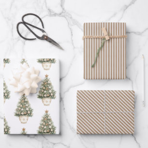 Creme-Ornament Tannenbaum Streifen Geschenkpapier Set