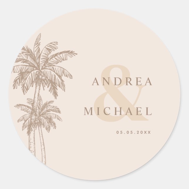 Creme Palm Trees & Ampersand Namen Wedding Runder Aufkleber (Vorderseite)