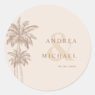 Creme Palm Trees & Ampersand Namen Wedding Runder Aufkleber