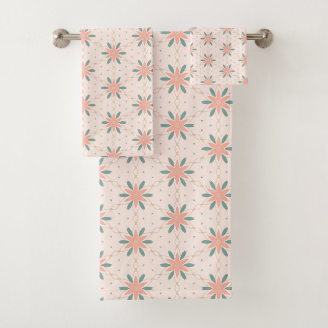 Creme, Peach und Sage Green boho Blumenmuster Badhandtuch Set (Insitu)