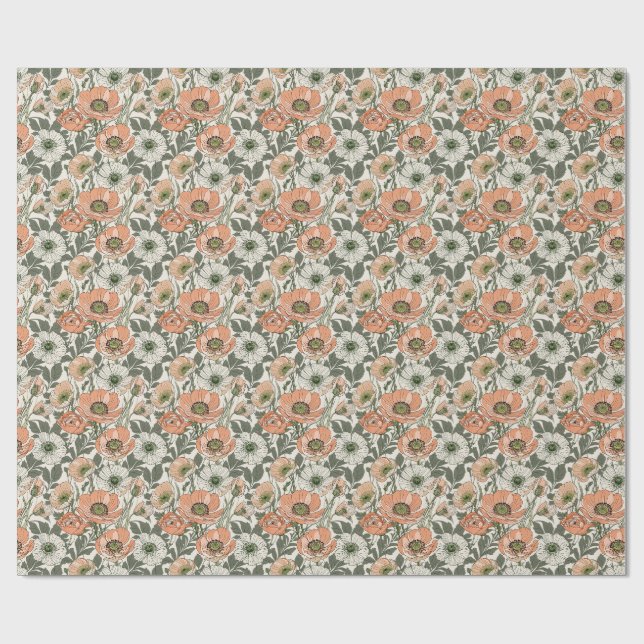 Creme-Pfirsich-Mohn-Blumenmuster Geschenkpapier (Flach)