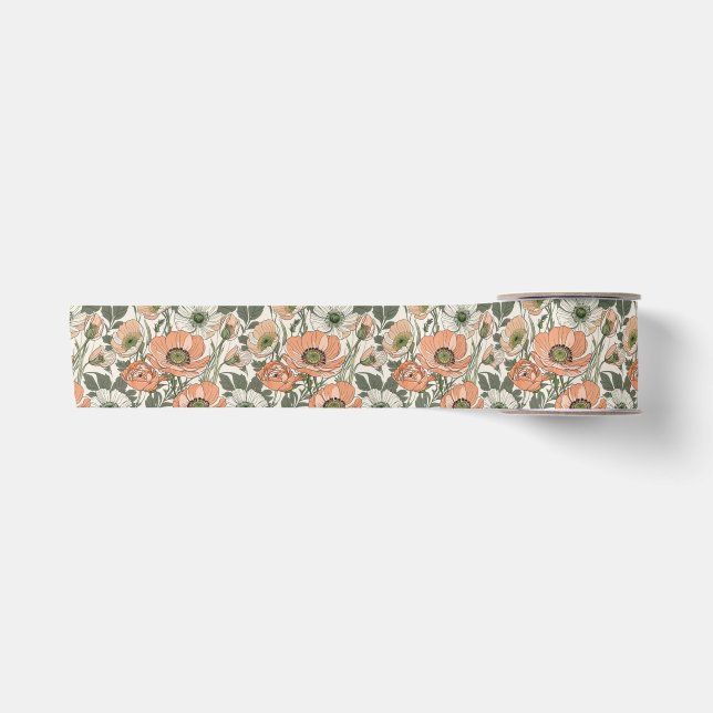 Creme-Pfirsich-Mohn-Blumenmuster Satinband (Vorderseite)