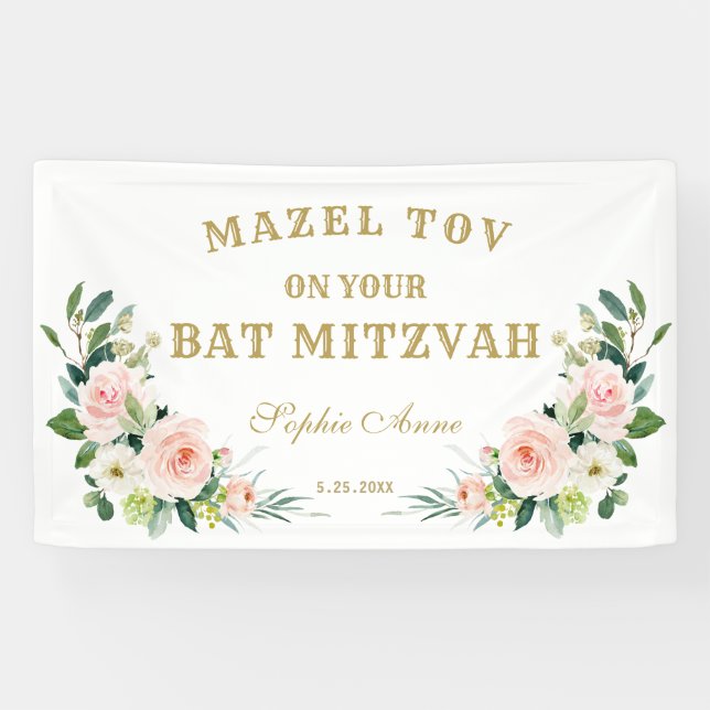 Creme Pink Blume Bat Mitzvah Begrüßungszeichen Banner (Horizontal)