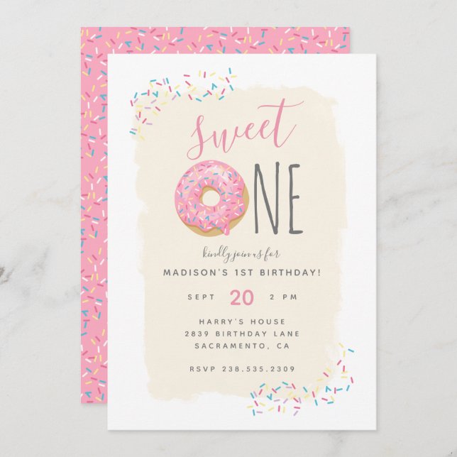Creme | Pink Doughnut Sprinkle Sweet 1st Birthday Einladung (Vorne/Hinten)