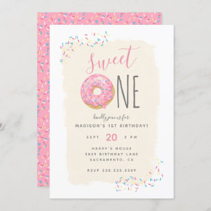 Creme   Pink Doughnut Sprinkle Sweet 1st Birthday Einladung