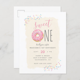 Creme   Pink Doughnut Sprinkle Sweet 1st Birthday Einladungspostkarte