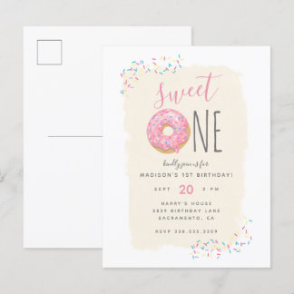 Creme | Pink Doughnut Sprinkle Sweet 1st Birthday Einladungspostkarte