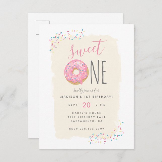 Creme | Pink Doughnut Sprinkle Sweet 1st Birthday Einladungspostkarte (Vorne/Hinten)