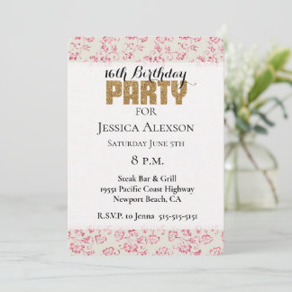 Creme Pink Glitzer Floral Gold Glitzer Party Einladung