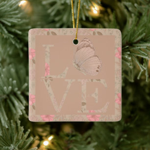 Creme Pink Liebe Schmetterling Floral Keramikornament