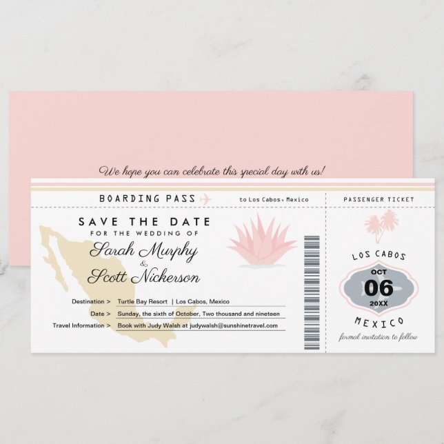 Creme Pink Mexiko Save the Date Boarding Pass (Vorne/Hinten)