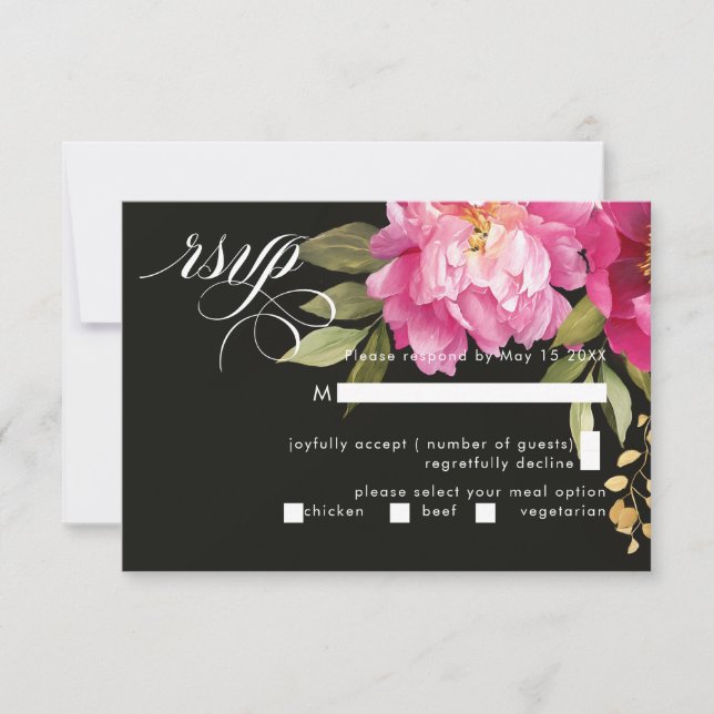 Creme & Pink Peony Watercolor Blume Schwarz RSVP Karte (Vorderseite)