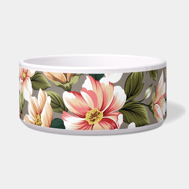Creme, rosa Blume auf grau. Napf (Vorderseite)