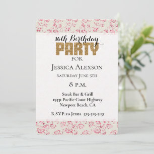 Creme Rosa Glitter Blumen Gold Glitter Party Einladung