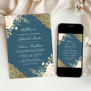 Creme-Rosa-Gold-Spitze QR-Code Blau Muslimische Ho Einladung