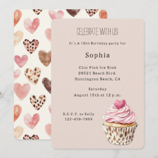 Creme Rosa Herz Cupcake Leopard Geburtstag Einladung