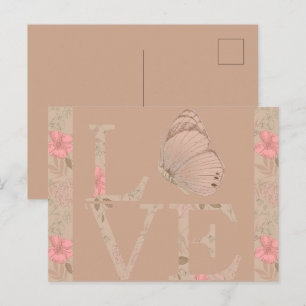 Creme Rosa Liebe Schmetterling Floral Postkarte