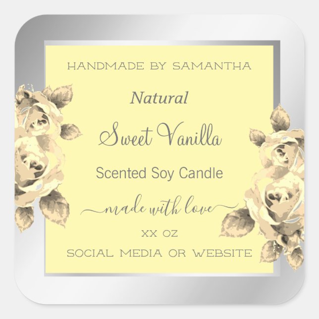 Creme-Rose Gelbe Blumenverpackungen Etiketten Quadratischer Aufkleber (Vorderseite)