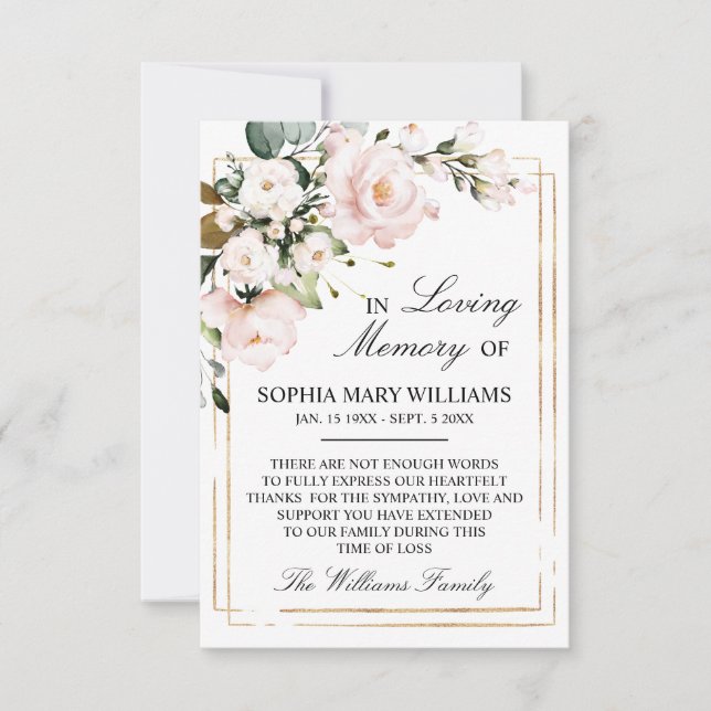 Creme Rose & Green Blätter Beileid Memory Dankeskarte (Vorderseite)