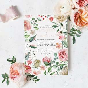 Crème & Rose Romantische Frühlingsblumen-Hochzei Folieneinladung