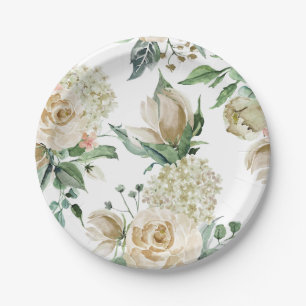 Creme-Rosen-Hortensie-Beige-Aquarell Pappteller
