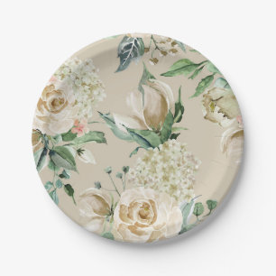 Creme-Rosen-Hortensie-Beige-Aquarell Pappteller