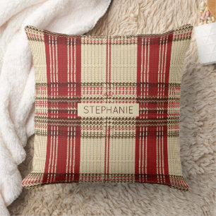 Creme-Rot-Braun-Kozy-Knit-Tartan-Kariert Kissen