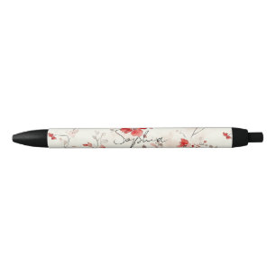 Creme Rote Blüten Kugelschreiber