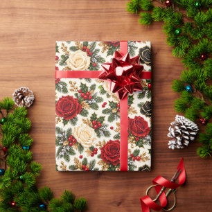 Creme Rote Florale Weihnachten Geschenkpapier