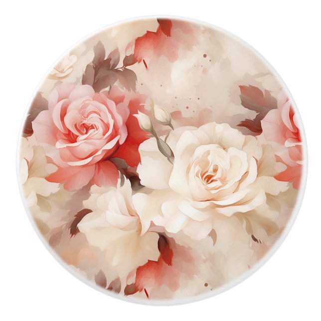 Creme Rote Rose Floral Keramikknauf (Vorderseite)