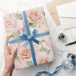 Creme-Rouge-Pink-Rosen Florale Hochzeitsdusche Geschenkpapier