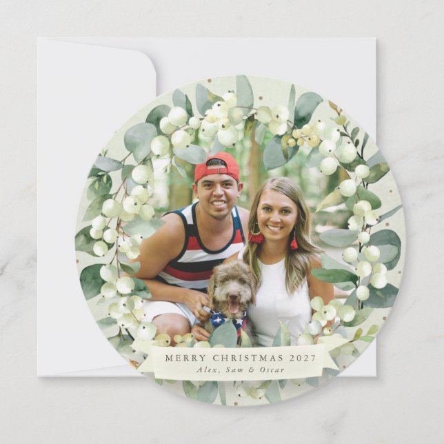 Creme Round Snowberry+Eukalyptus Weihnachtsfeier Feiertagskarte (Vorderseite)