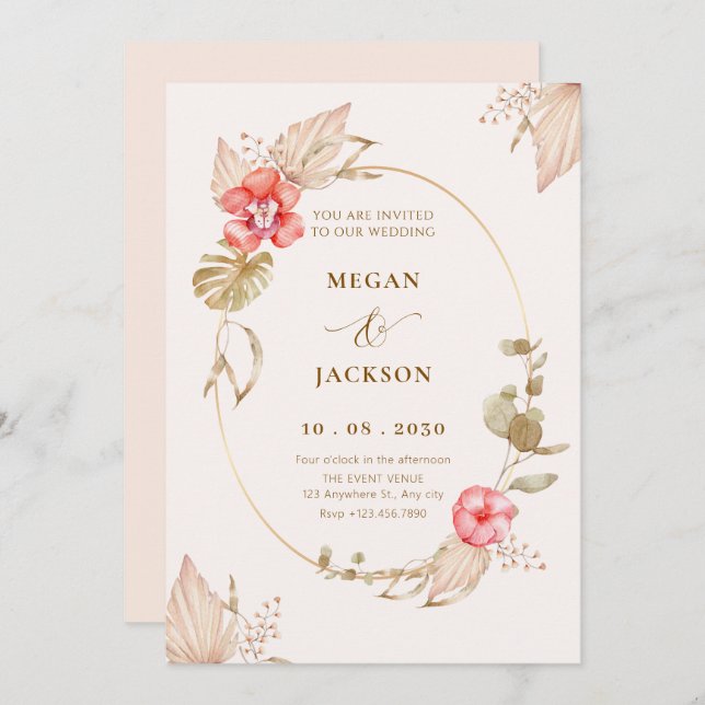 Creme ruhige, blumengeschmückte Hochzeit Einladung (Vorne/Hinten)