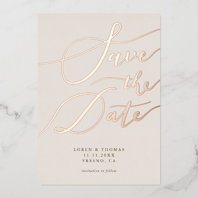Creme Save the Date Kalligrafie Folieneinladung (Vorderseite)