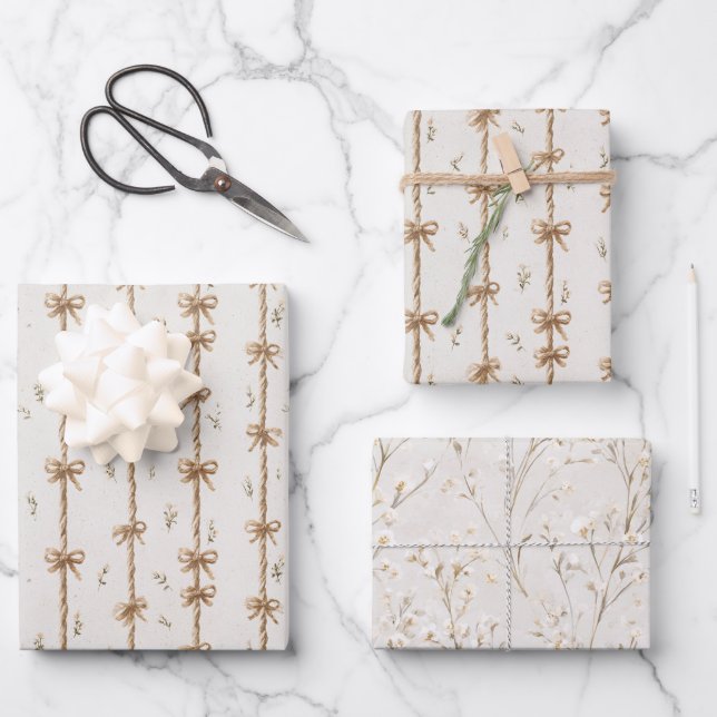 Creme-Schleifen-Blumen-Geburtstag Geschenkpapier Set (Vorderseite)