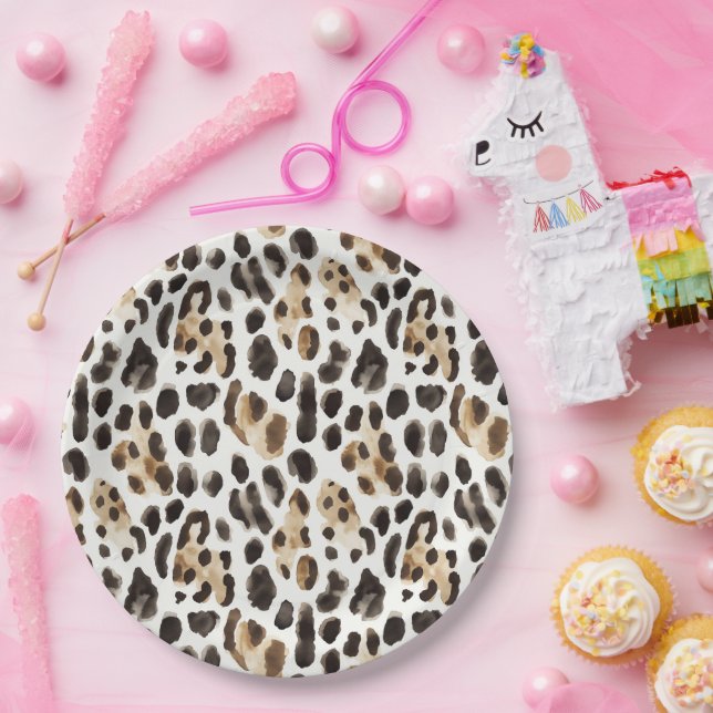Creme Schwarz Braun Leopard Tier Geburtstag Pappteller (Party)