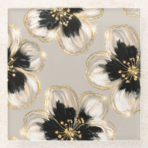 Creme Schwarz Elfenbein Gold Blumen Glasuntersetzer