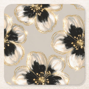 Creme Schwarz Elfenbein Gold Blumen Rechteckiger Pappuntersetzer