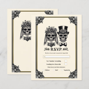 Creme Schwarz & Gold Vintage-Skelett Hochzeit RSVP Einladung