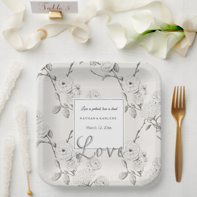 Creme Schwarze Herbstblumen Liebe Hochzeit  Pappteller (Hochzeit)