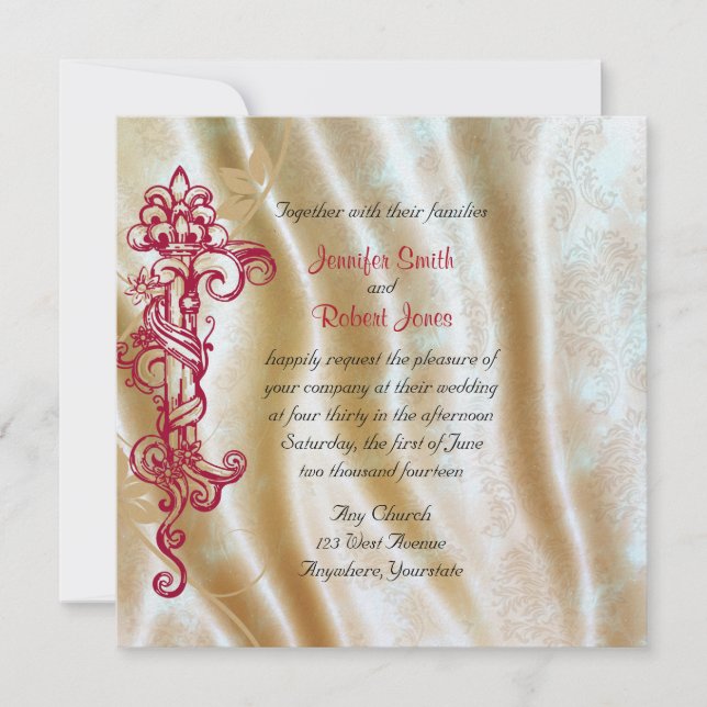 Creme Silk und Red Scroll Posh Weditation Einladung (Vorderseite)