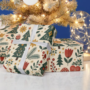 Creme Skandinavische Folk Botanical Weihnachten Geschenkpapier