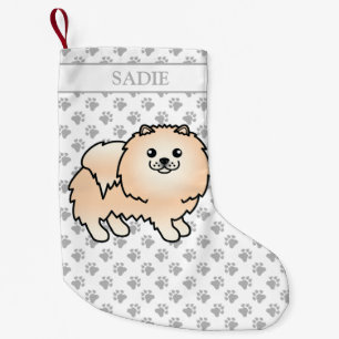 Creme Spitz Niedlich Cartoon Dog & Name Kleiner Weihnachtsstrumpf